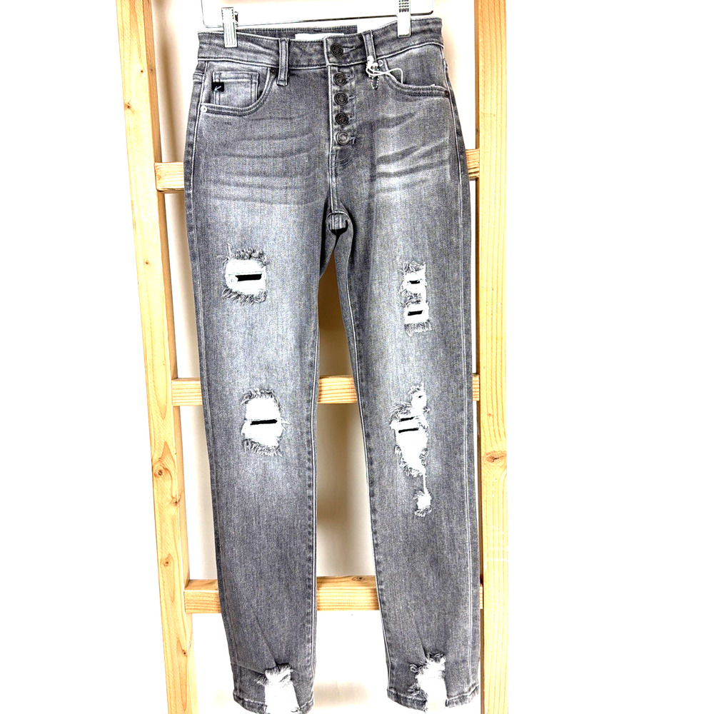 NWT Kancan Grey Skinny Distressed (Backed with fabric) Button Fly Jeans 23 #0795